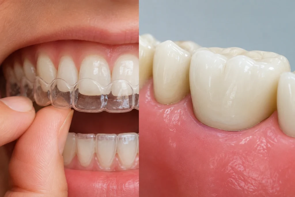 Find how invisible braces work safely with dental crowns and caps for smile correction.