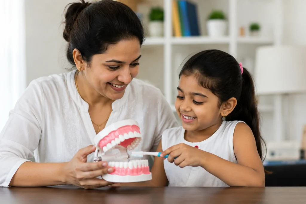 Smiling child sitting in dental chair with friendly pediatric dentist nearby