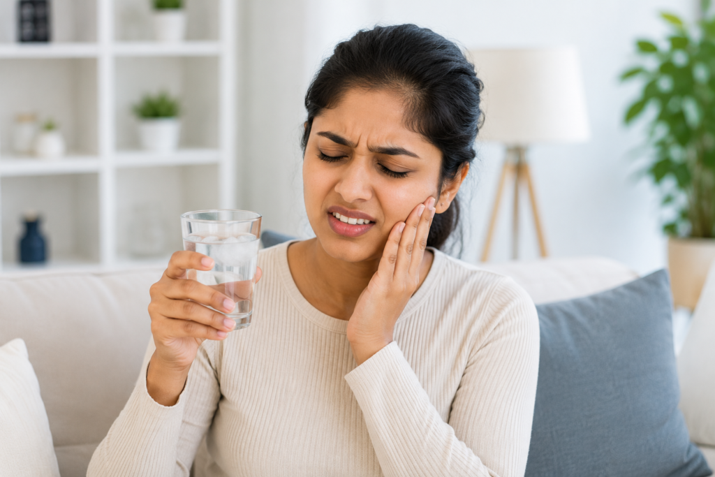 Woman wincing from tooth sensitivity while drinking cold water