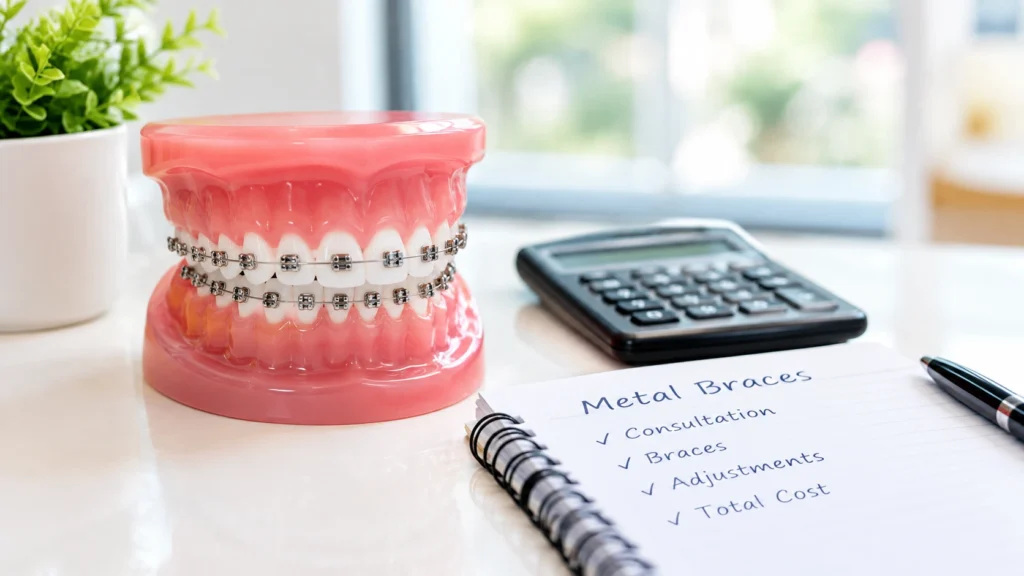 Dentist explaining metal braces cost and treatment options to patient.