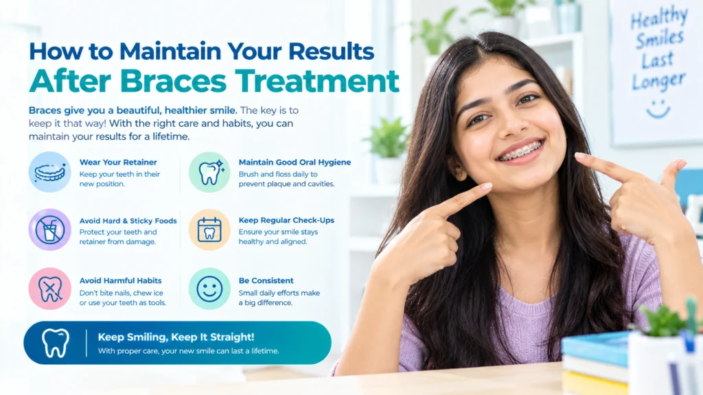 Teenager wearing a clear retainer after braces treatment to maintain a straight smile.