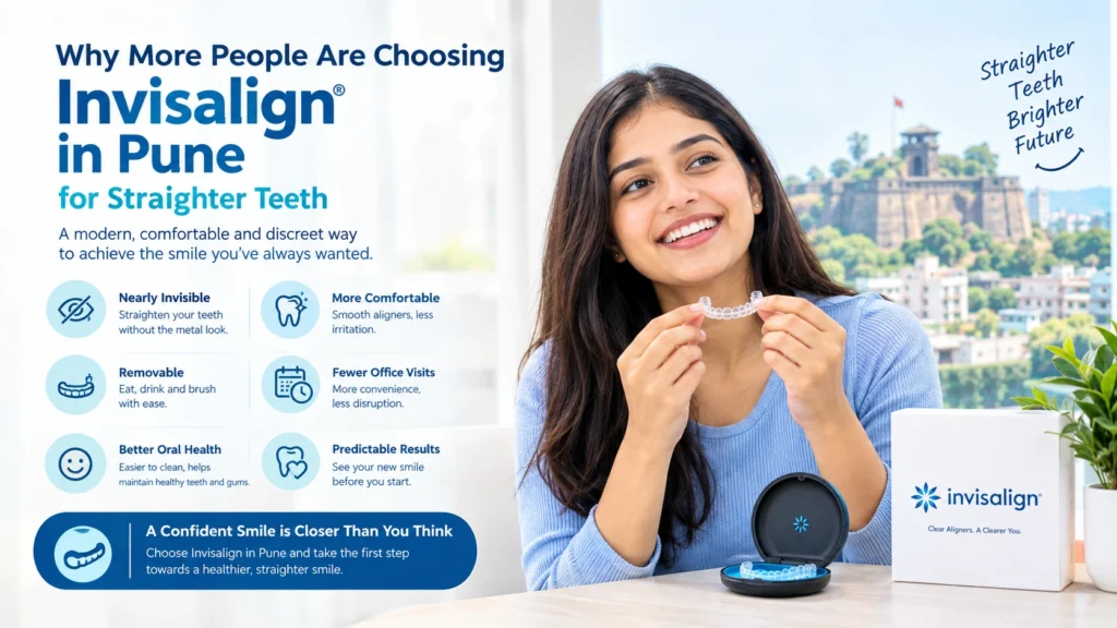 Patient holding clear Invisalign aligner at Pune dental clinic.