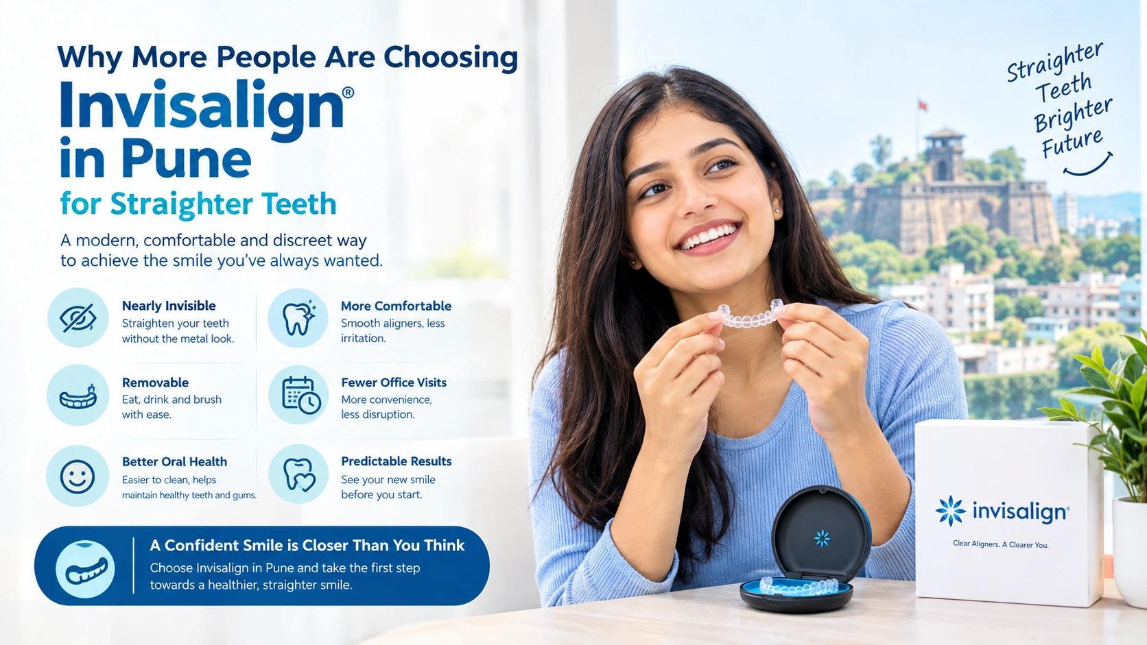 Patient holding clear Invisalign aligner at Pune dental clinic.